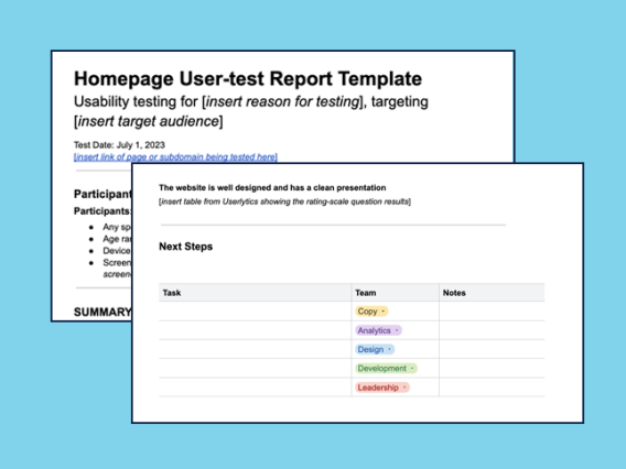 Example of a UArizona template for a usability test on a website homepage