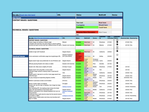 Example of a UArizona template for page-by-page QA testing on a web page or website