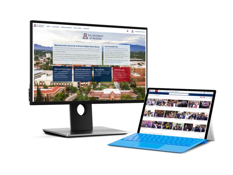 Multiple computer screens showing the Digital Asset Library